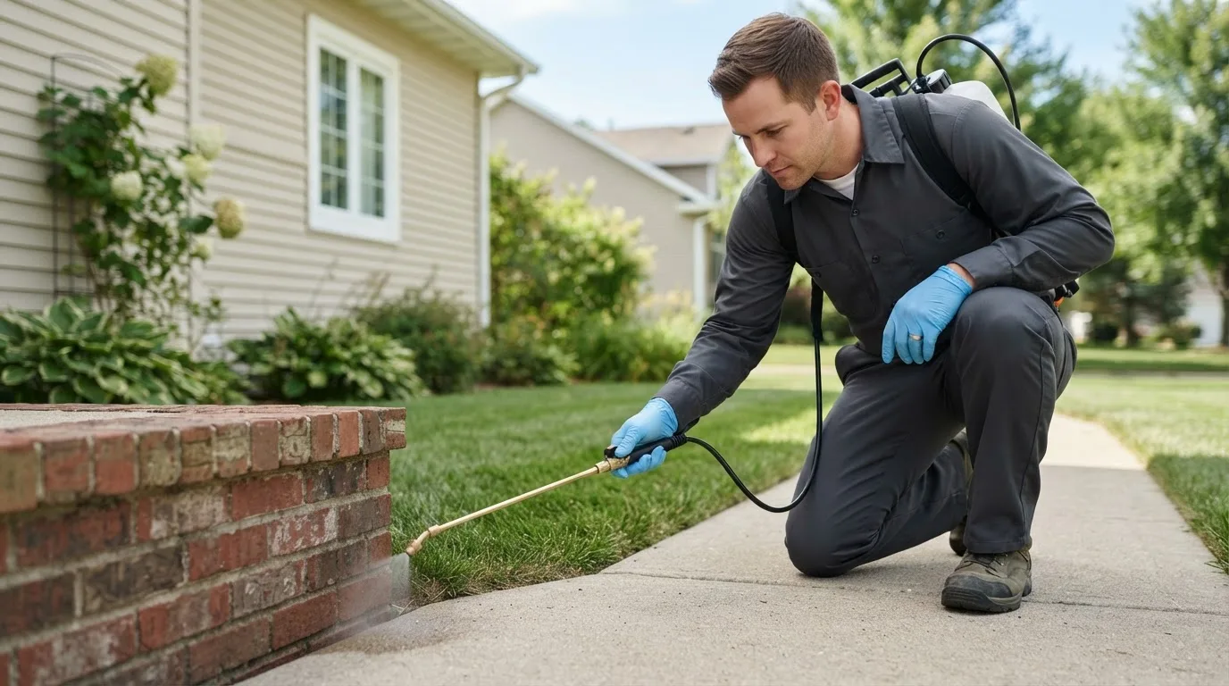 Pest control technician treating a home near Cawker City, KS